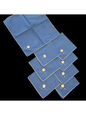 Vintage Blue Linen Napkins Set (8) w White Floral Embroidery & Appliqué 16"